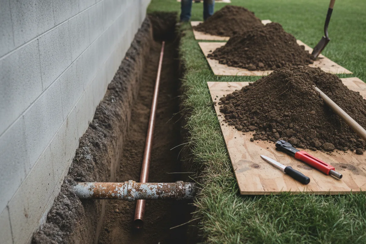 Excavated water line trench during Sewer Line Repair in New Haven